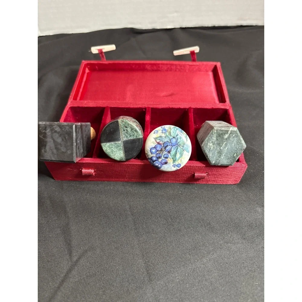 Vintage Wine Bottle Stoppers in Red Silk Lined Presentation‎ Box Set